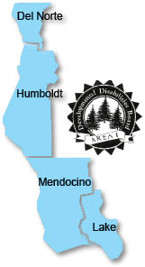 Map of the counties that the North Coast Regional Office serves. They are Del Norte, Humboldt, Mendocino, and Lake.